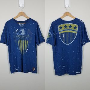 Affliction Y2K Moto Tattoo Blue Eagle Graphic Distressed Slim Cotton Tee Sz 2XL